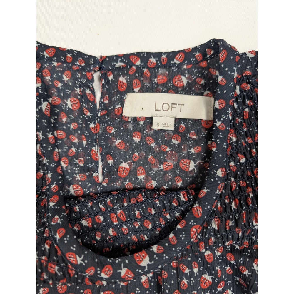 Loft Ladybug Flutter Smocked Ruffle Sleeve Chiffon Blouse Women's Size Small - Picture 4 of 10